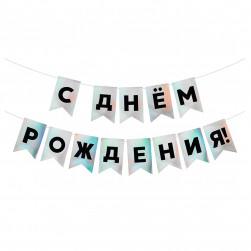 Гирлянда Флажки, С Днем Рождения!, Черный/Серебро, Голография, 500 см, 13*20 см, 1 упак.
