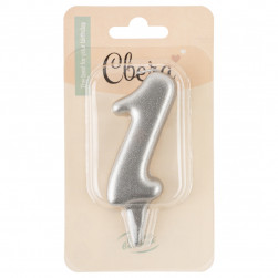 Свеча Цифра, 1 Овал, Серебро, Металлик, 7 см, 1 шт.