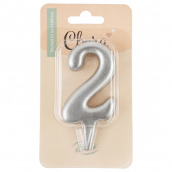 Свеча Цифра, 2 Овал, Серебро, Металлик, 7 см, 1 шт.