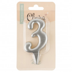 Свеча Цифра, 3 Овал, Серебро, Металлик, 7 см, 1 шт.