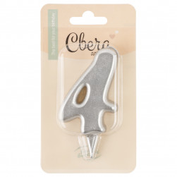 Свеча Цифра, 4 Овал, Серебро, Металлик, 7 см, 1 шт.