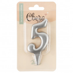 Свеча Цифра, 5 Овал, Серебро, Металлик, 7 см, 1 шт.