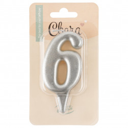 Свеча Цифра, 6 Овал, Серебро, Металлик, 7 см, 1 шт.
