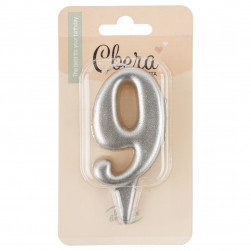 Свеча Цифра, 9 Овал, Серебро, Металлик, 7 см, 1 шт.