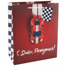 Пакет подарочный, 210гр, С Днем Рождения! (суперкар), Красный, Металлик, 32*26*12 см, 1 шт.