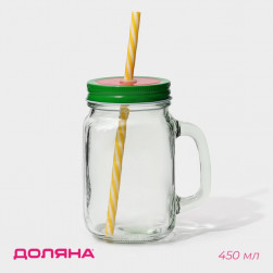 Кружка Доляна «Гладь», 450 мл, 10×7.5×13 см, с крышкой и трубочкой, стекло
