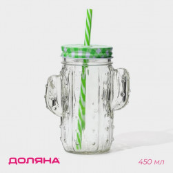 Кружка Доляна «Кактус», 450 мл, 11×7×15 см, стекло, с крышкой и трубочкой, прозрачная