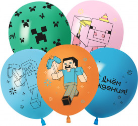 Шар (12''/30 см) С Днем Рождения! Пиксельный Герой, Ассорти, пастель, 2 ст, 25 шт.