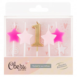 Набор свечей 1-ый День Рождения Девочки, Золото/Розовый, 2,5*3,5 + 4 см, 5 шт. с держат.