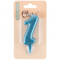 Свеча Цифра, 1 Овал, Синий, с блестками, 4*8 см, 1 шт.