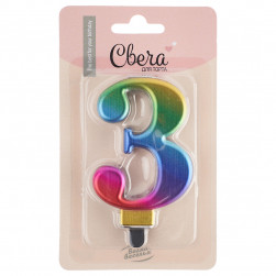 Свеча Цифра, 3, Радужный, Градиент, 8 см, 1 шт. с держат.