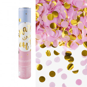 Логотип «Пневмохлопушка (12/30 см), Гендер Пати, Круги фольга и тишью, Розовый/Золото, Металлик, 1 шт.»