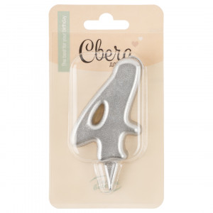 Логотип «Свеча Цифра, 4 Овал, Серебро, Металлик, 7 см, 1 шт.»