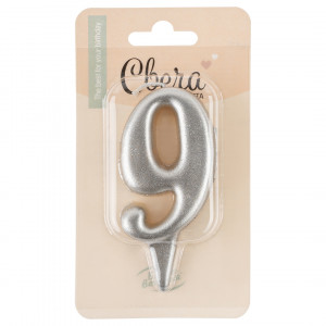 Логотип «Свеча Цифра, 9 Овал, Серебро, Металлик, 7 см, 1 шт.»