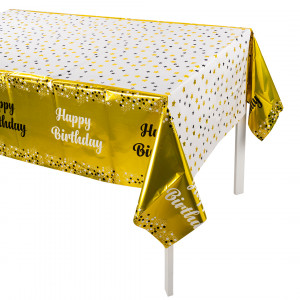 Логотип «Скатерть одноразовая, Happy Birthday (звезды и конфетти), Белый/Золото, Металлик, 137*183 см, 1 шт.»