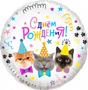 Логотип «Шар (18''/46 см) Круг, Котики, С Днем Рождения!, 1 шт. в уп.»