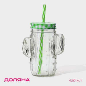 Логотип «Кружка Доляна «Кактус», 450 мл, 11×7×15 см, стекло, с крышкой и трубочкой, прозрачная»