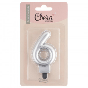 Логотип «Свеча Цифра, 6 Воздушный шарик, Серебро, Металлик, 5*7 + 1 см, 1 шт. с держат.»