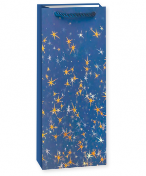 Логотип «Пакет подарочный для вина, 210гр, Тысячи созвездий, Дизайн №2, Синий/Золото, Металлик, 36*12*9 см, 1»